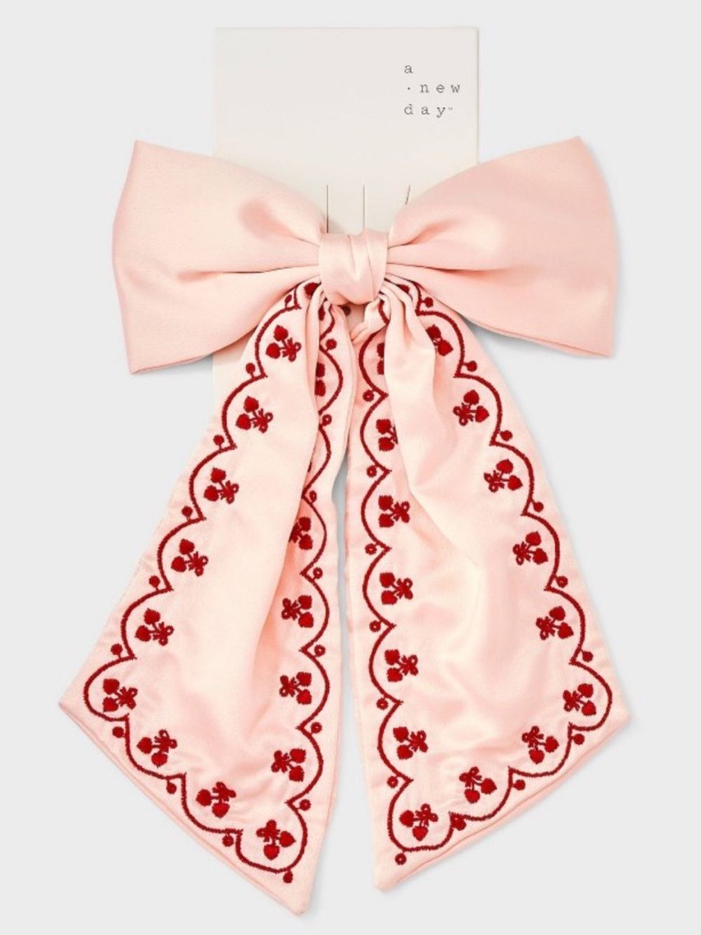 a new day Pink Red Scalloped Embroidered Hearts Bow Tie Hair Clip - Picture 3 of 6